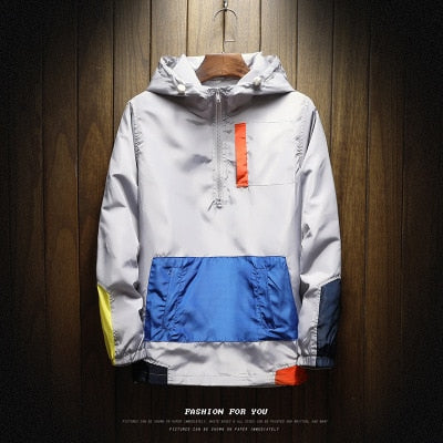 Spring Hip Hop Mens Hooded Windbreaker Jacket Patchwork Vintage Loose Track Hoodie Jacket Coats Streetwear Chaqueta hombre